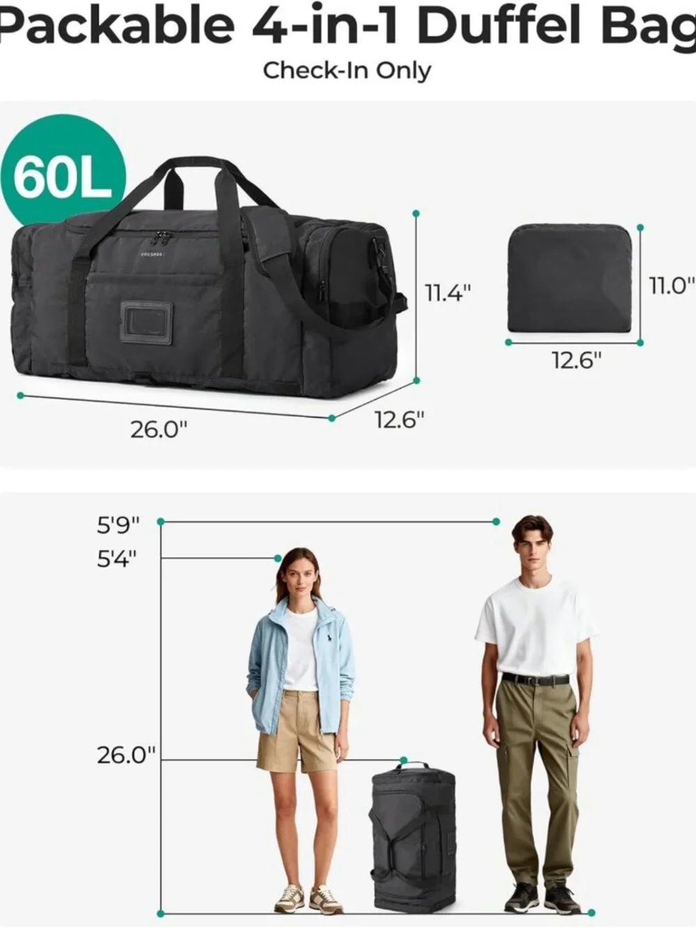 60L Foldable Duffle Bag - Large Travel Backpack & Weekender Bag, Army Green